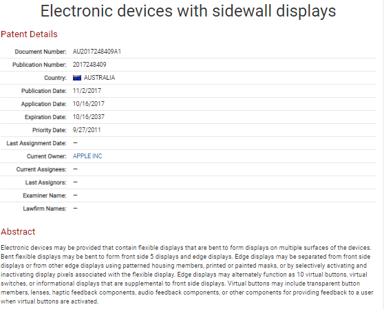 Patent Application for Electronic Device with Sidewall Displays