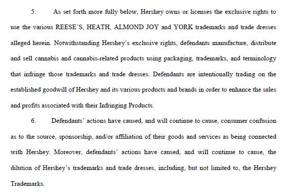 Hershey filed a lawsuit against TinctureBelle, LLC for marketing edible marijuana products in packaging resembling Hershey candy wrappers