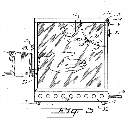 The housing from patent US2814081A which one would input their hands into for speedy sanitization