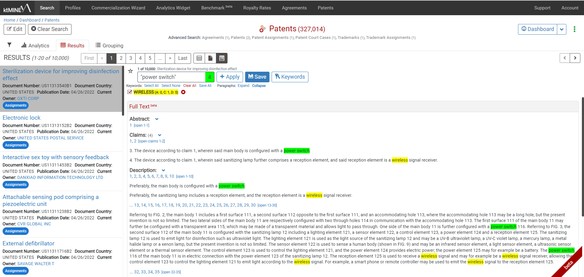 ktMINE Patent Full-text View dashboard