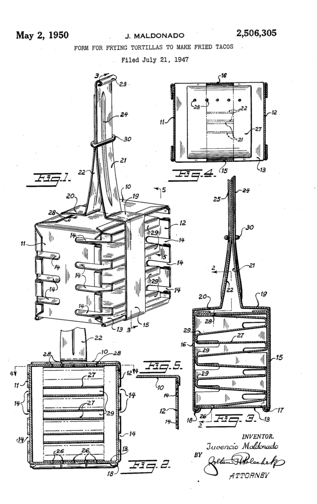 Form for frying tortillas to make fried tacos patent image